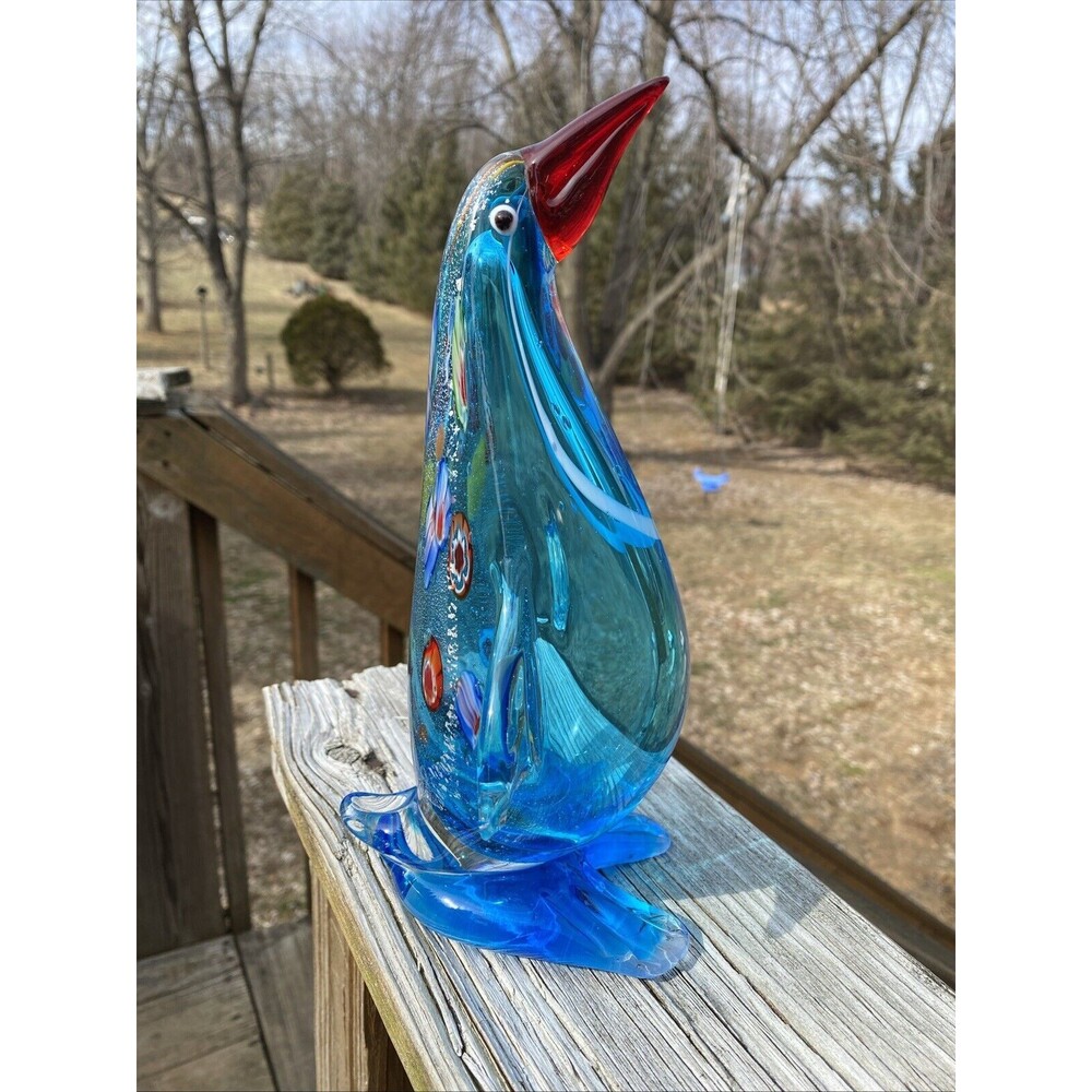 Pier 1? Art Glass Penquin Figurine Millefore Beautiful Blue 10”x 6”